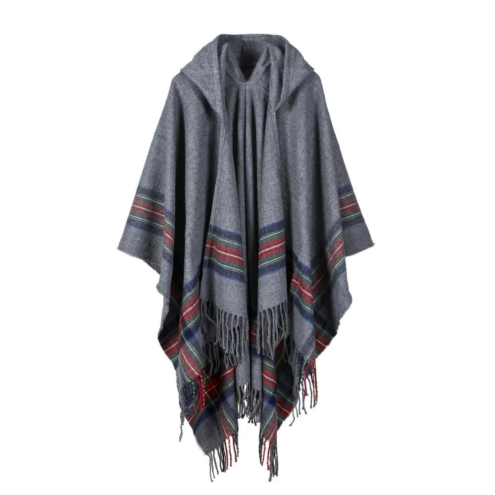 Acrylic Hooded Striped Poncho Shawl - Image 3