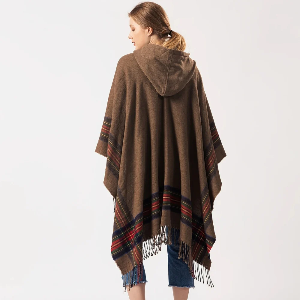 Acrylic Hooded Striped Poncho Shawl - Image 4