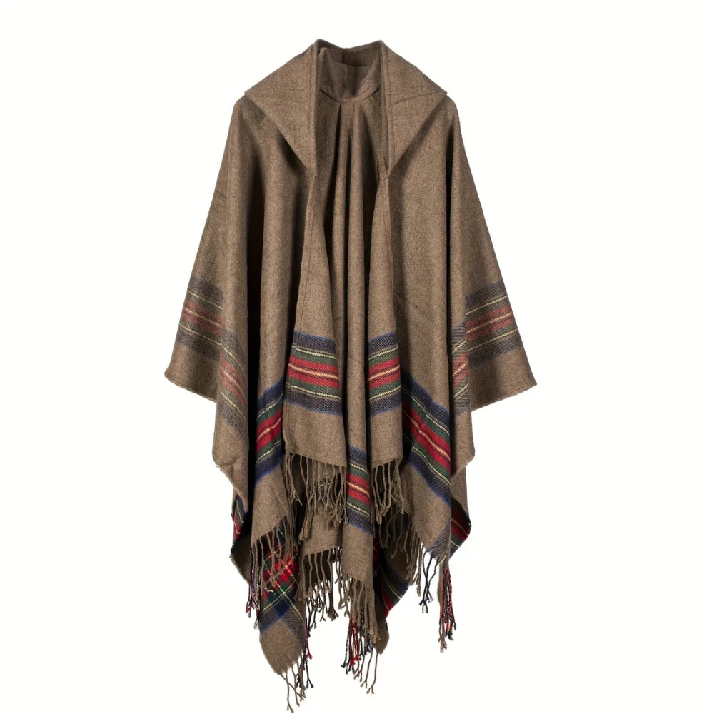 Acrylic Hooded Striped Poncho Shawl - Image 5