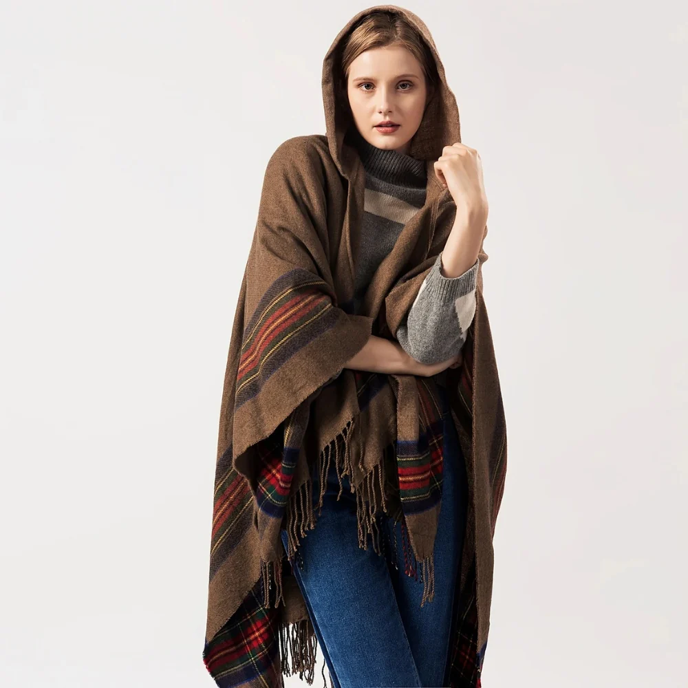 Acrylic Hooded Striped Poncho Shawl - Image 6