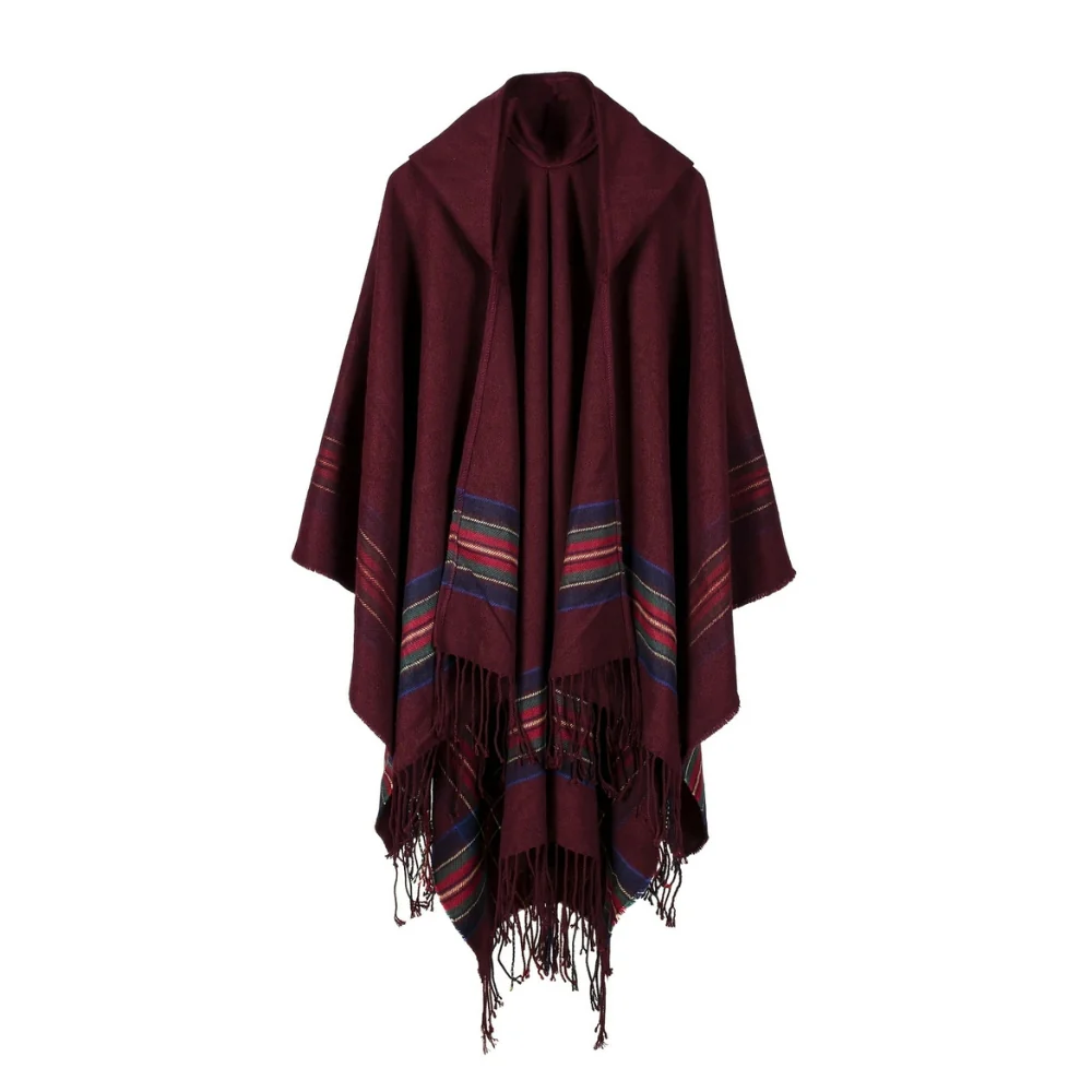Acrylic Hooded Striped Poncho Shawl - Image 7