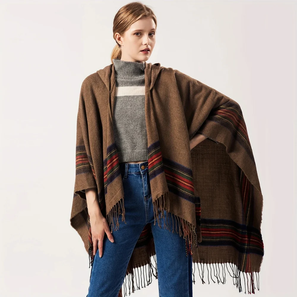Acrylic Hooded Striped Poncho Shawl - Image 8