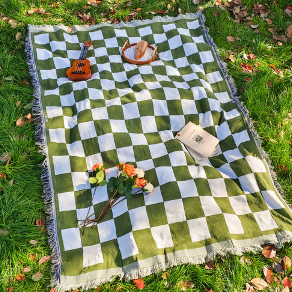 All-Season Checkered Picnic Blanket with Fringe - Image 2
