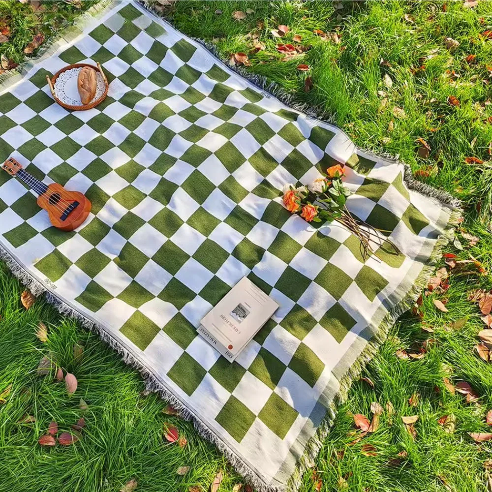 All-Season Checkered Picnic Blanket with Fringe - Image 3