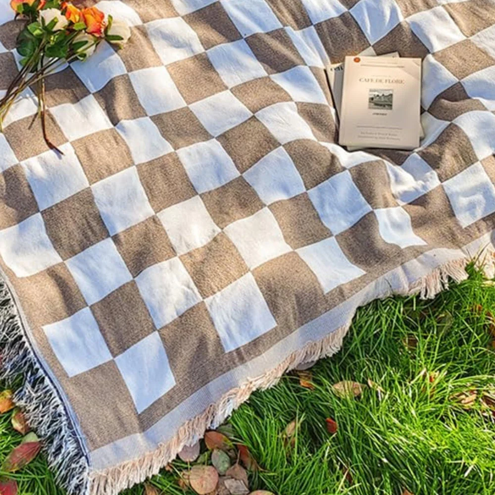 All-Season Checkered Picnic Blanket with Fringe - Image 6