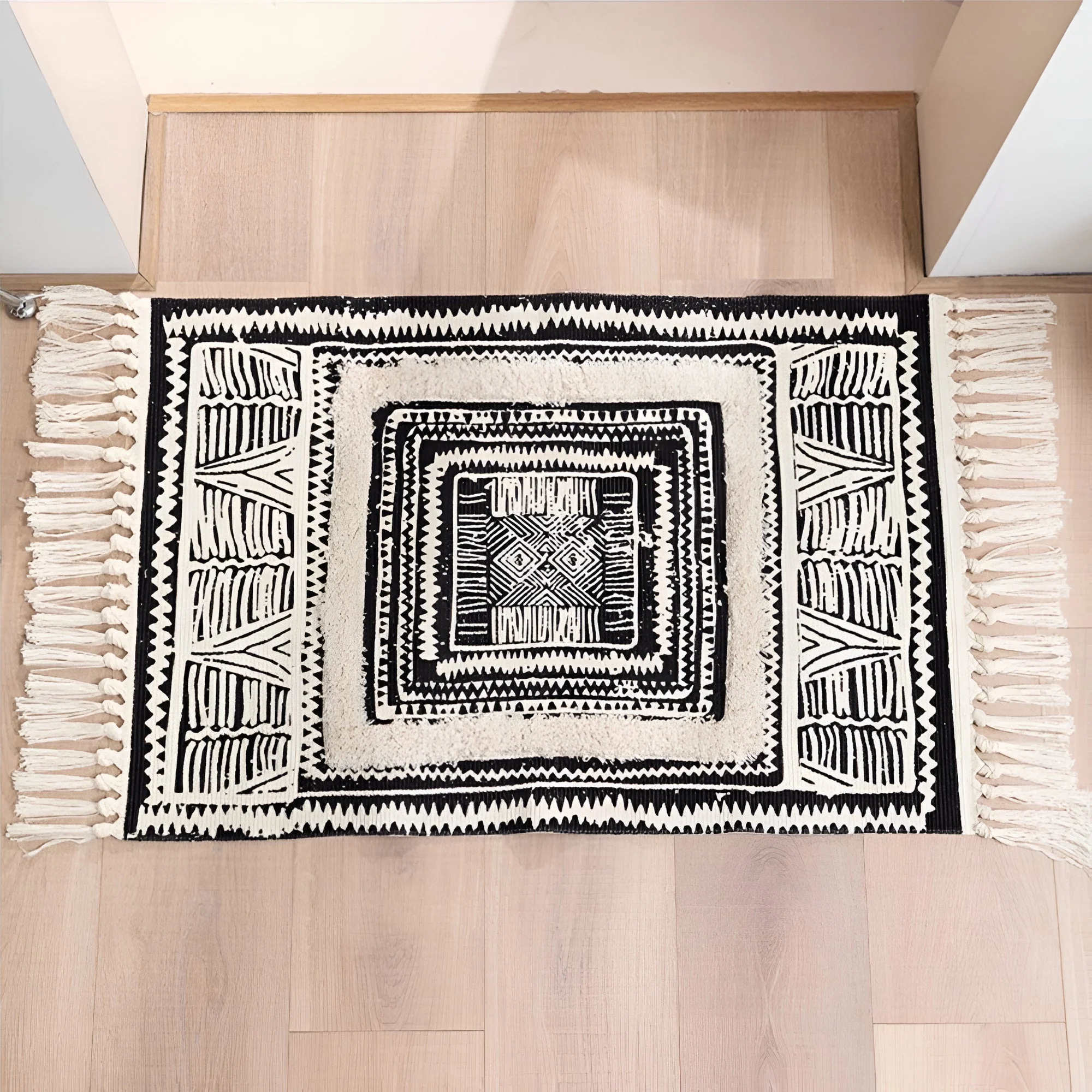 Black and White Geometric Tassel Floor Mat - Image 2