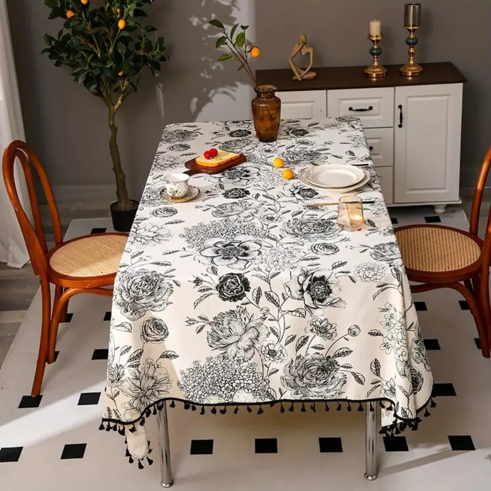 Black Floral Tasseled Farmhouse Tablecloth - Image 2