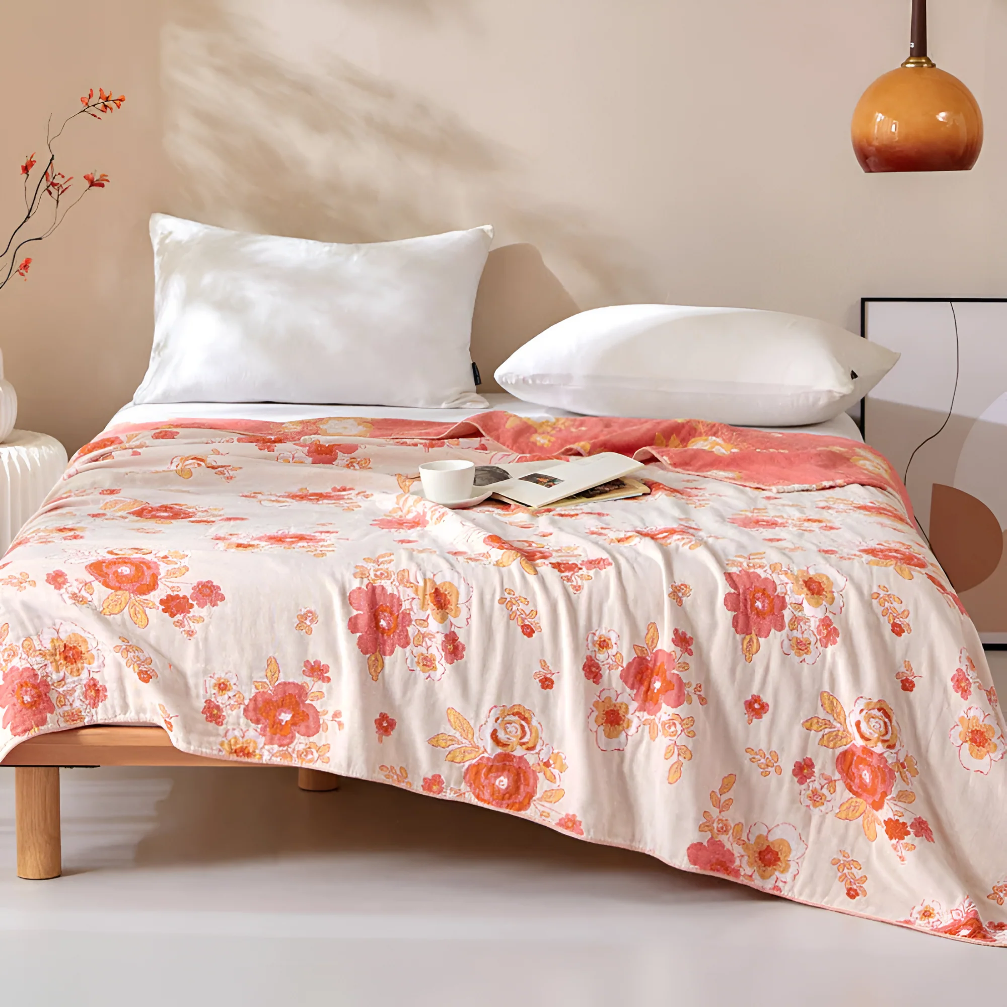 Blush Cotton Gauze Floral Blanket - Image 2