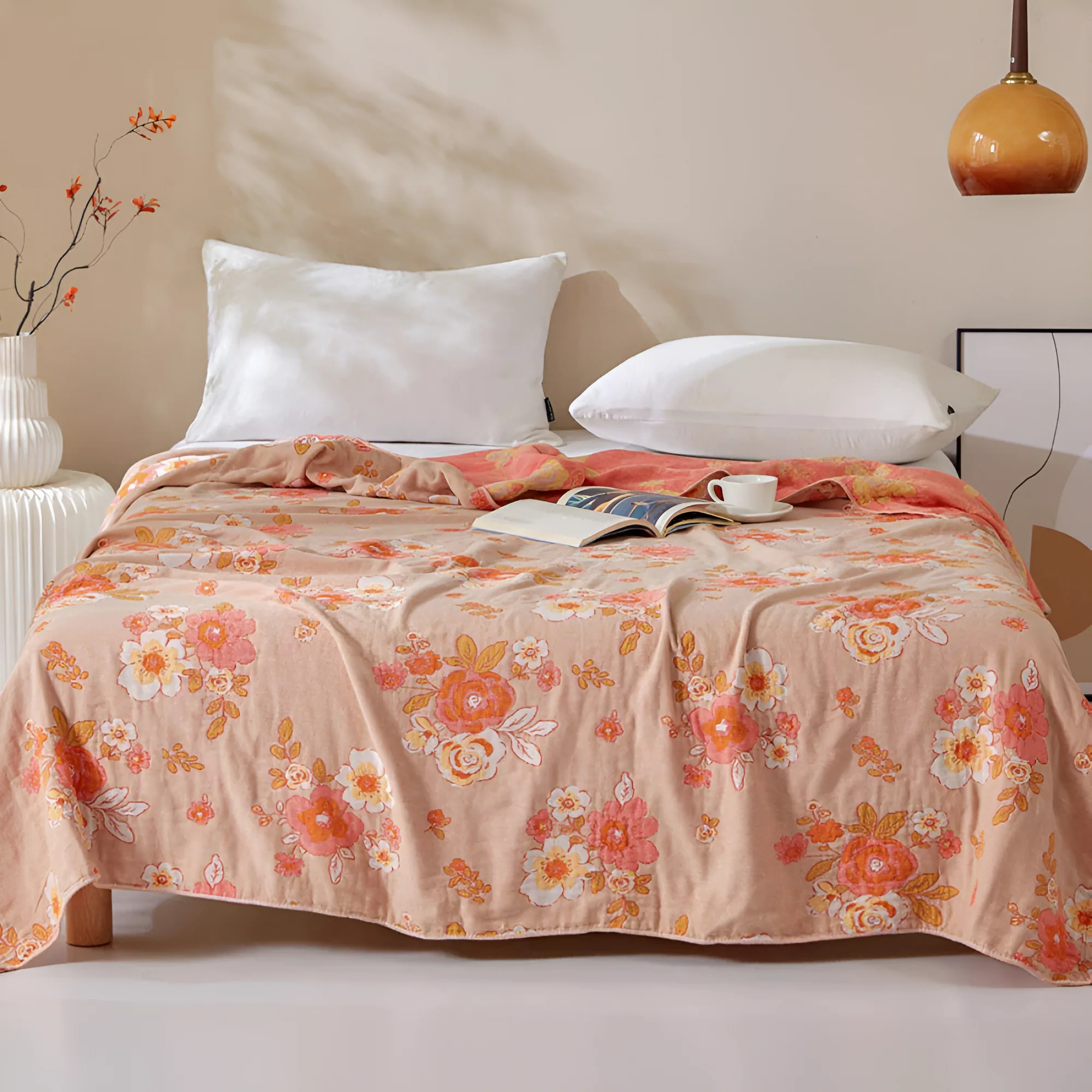 Blush Cotton Gauze Floral Blanket - Image 3