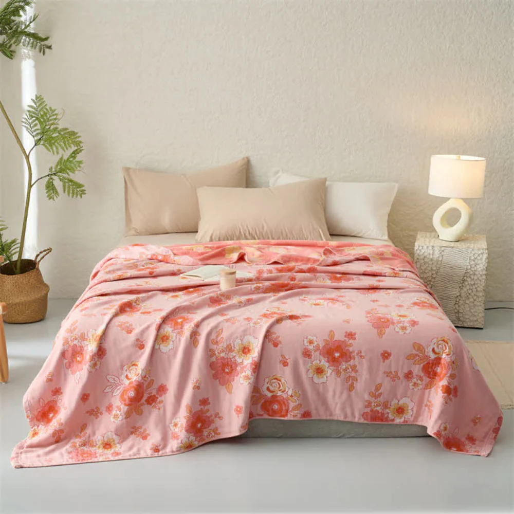 Blush Cotton Gauze Floral Blanket - Image 4