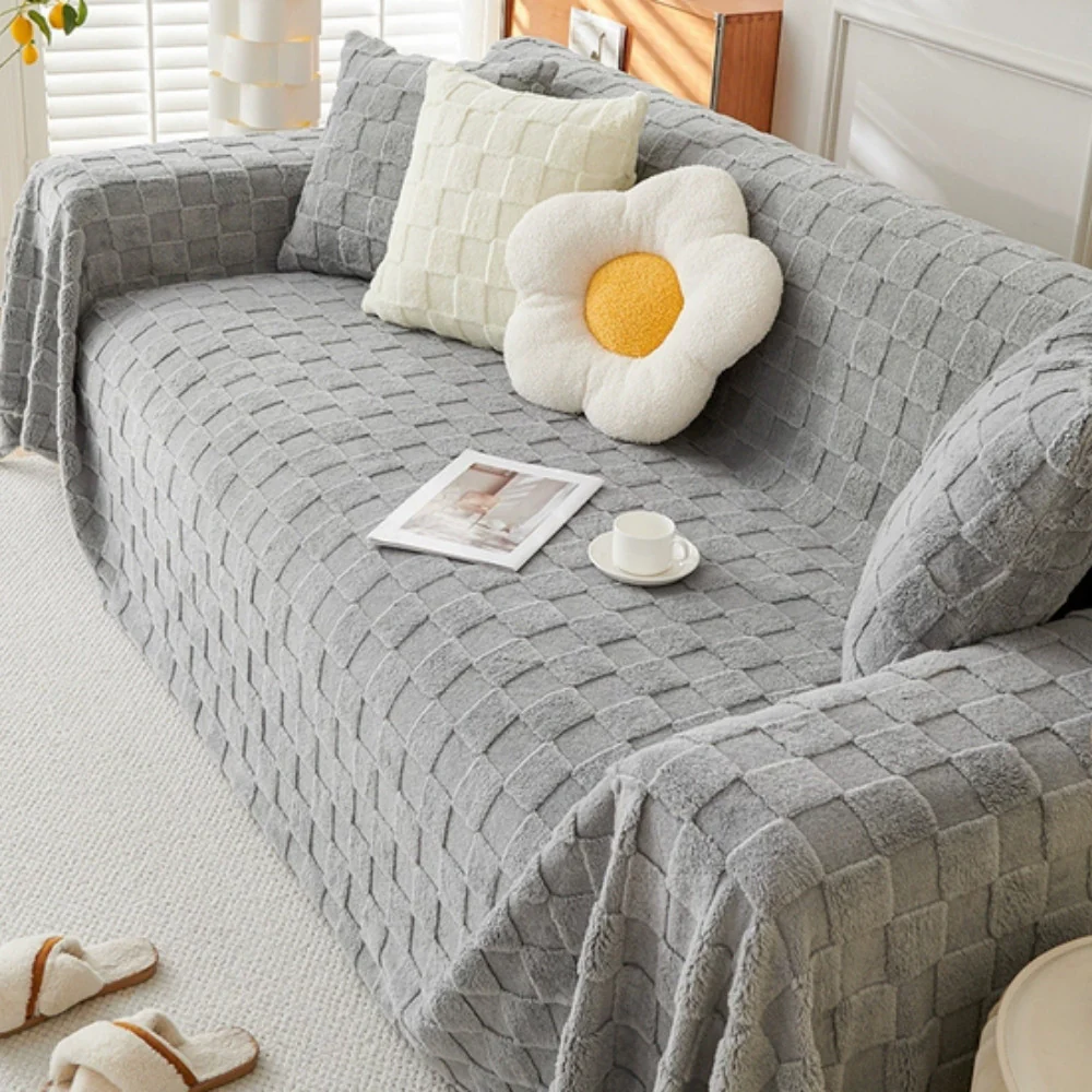 Checkered Plush Velvet Sofa Cover - Image 2