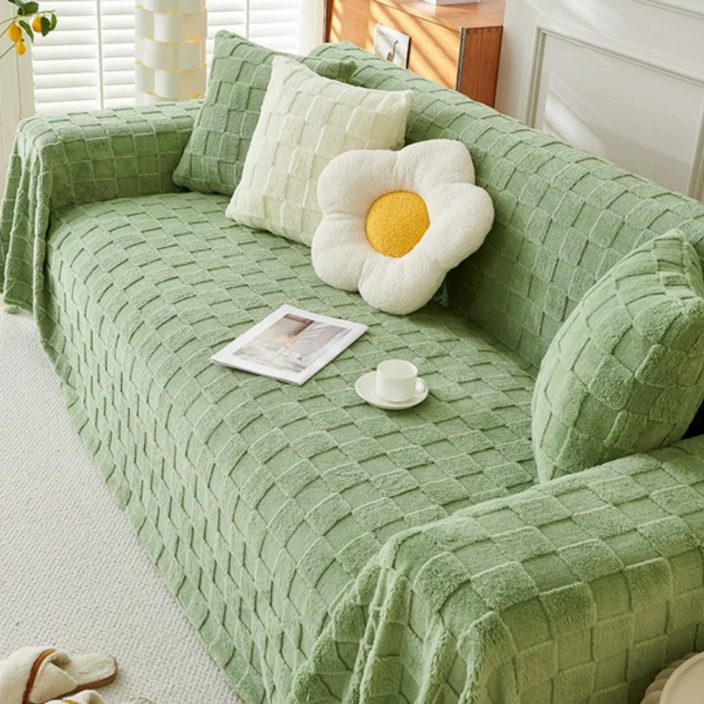 Checkered Plush Velvet Sofa Cover - Image 3