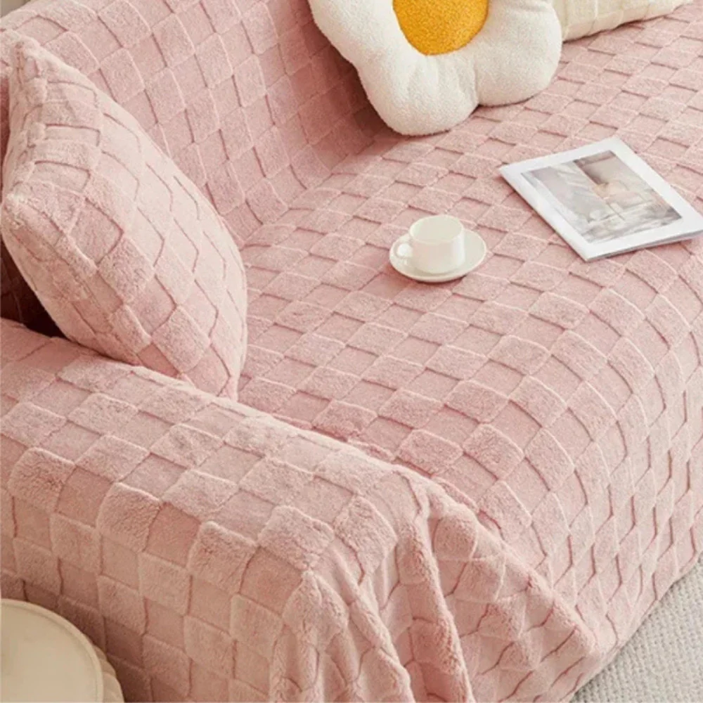 Checkered Plush Velvet Sofa Cover - Image 4