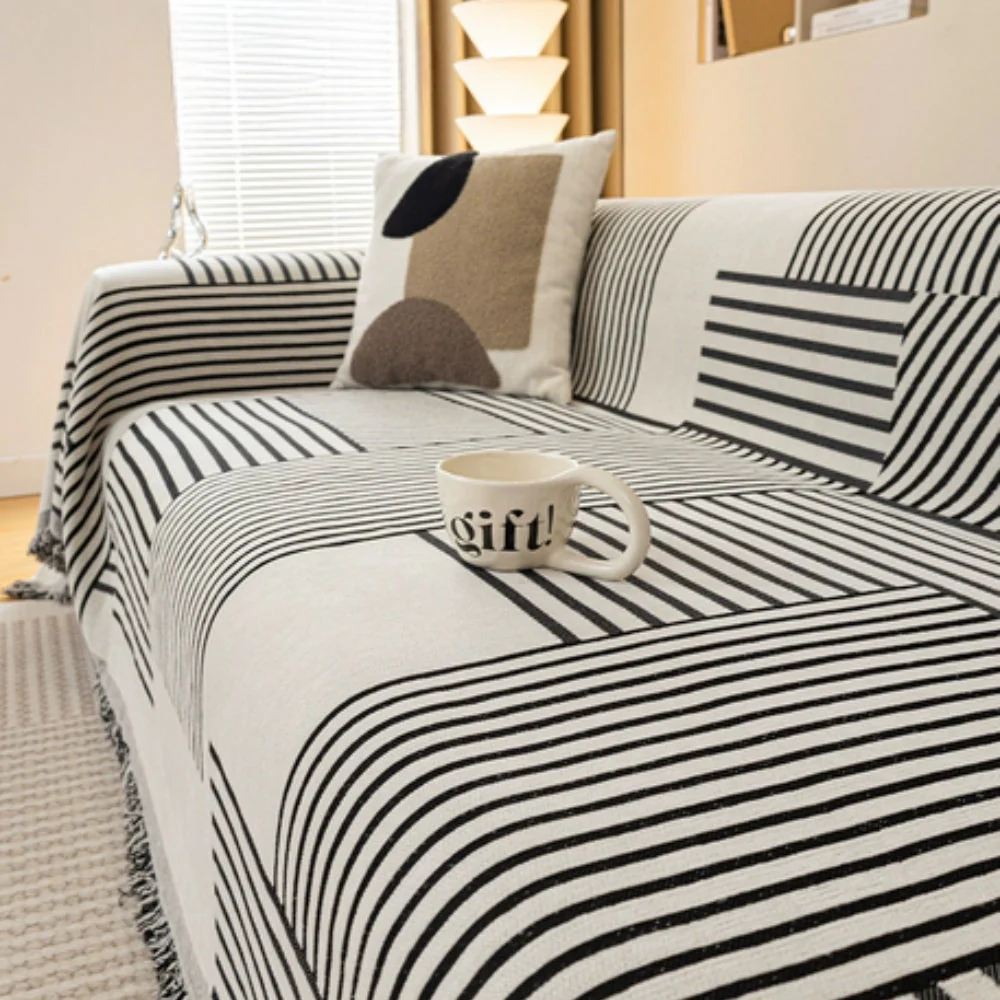 Chenille Striped Tassel Sofa Cover - Image 3