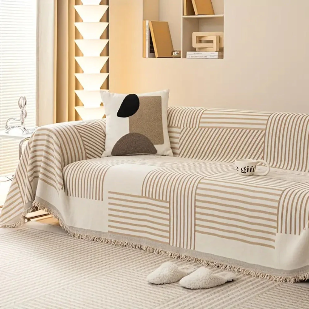 Chenille Striped Tassel Sofa Cover - Image 4