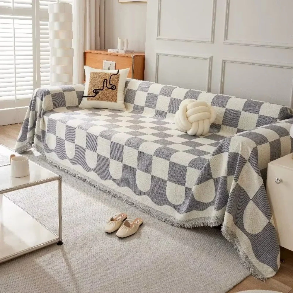 Chess Board Chic Tasseled Sofa Cover - Image 3
