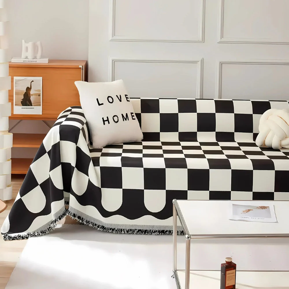 Chess Board Chic Tasseled Sofa Cover - Image 4