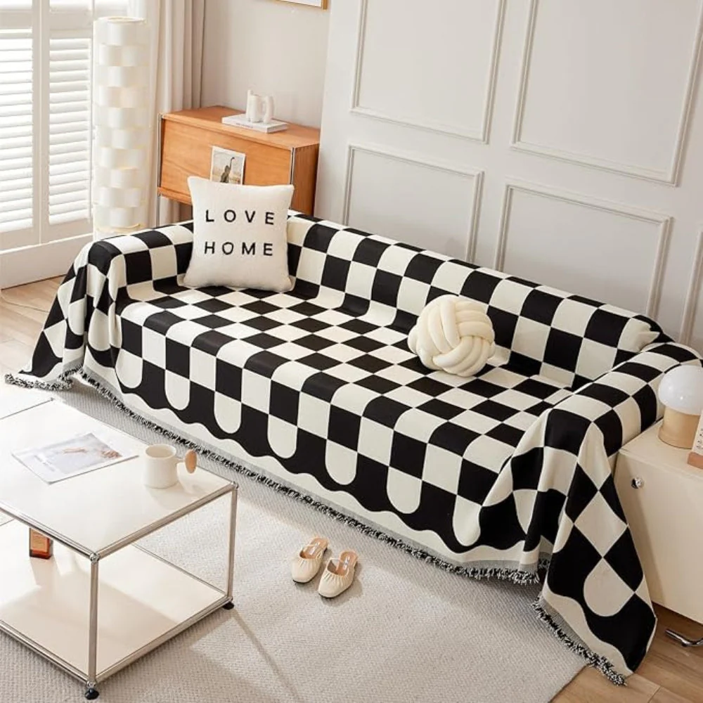 Chess Board Chic Tasseled Sofa Cover - Image 8