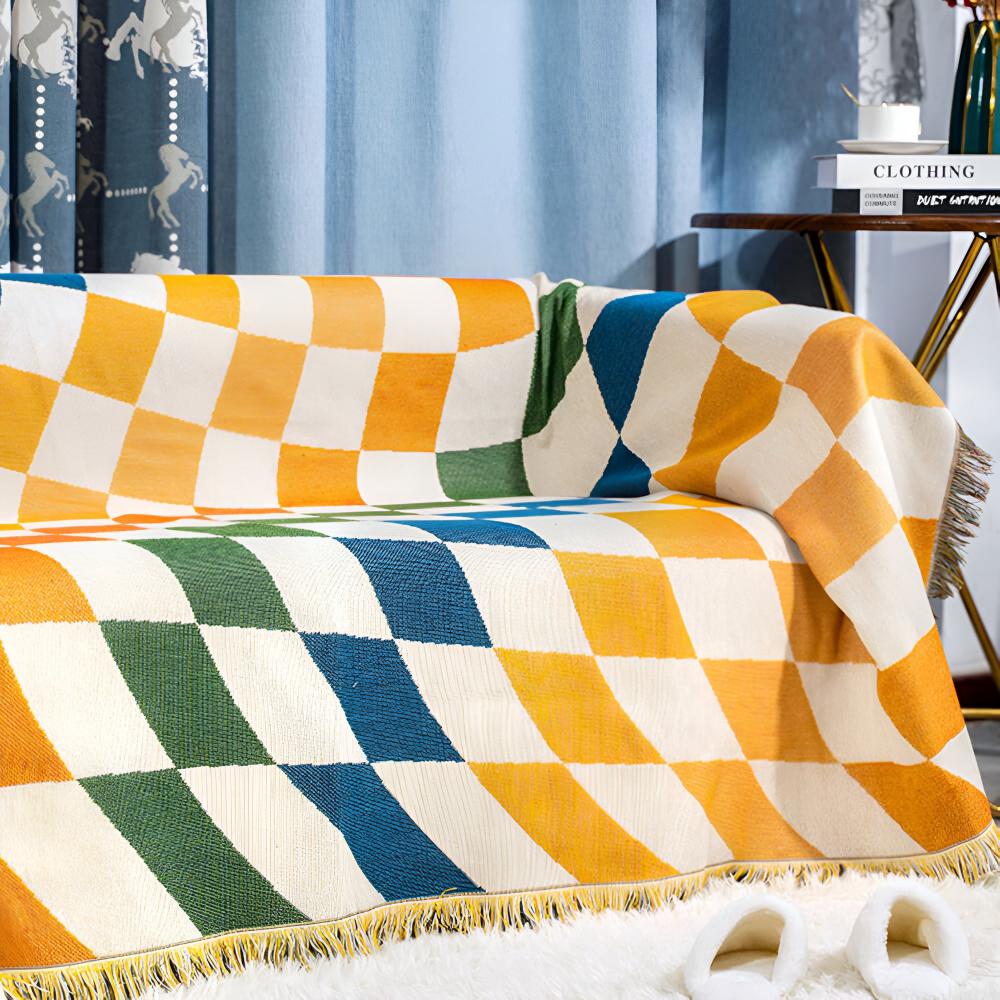 Colorful Checkerboard Tassel Blanket - Image 3