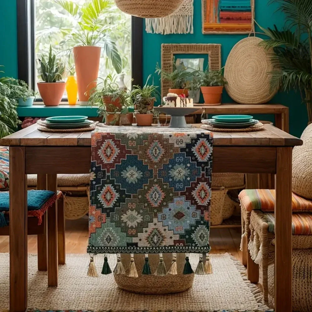 Colorful Geometric Tassel Table Runner Decor - Image 3