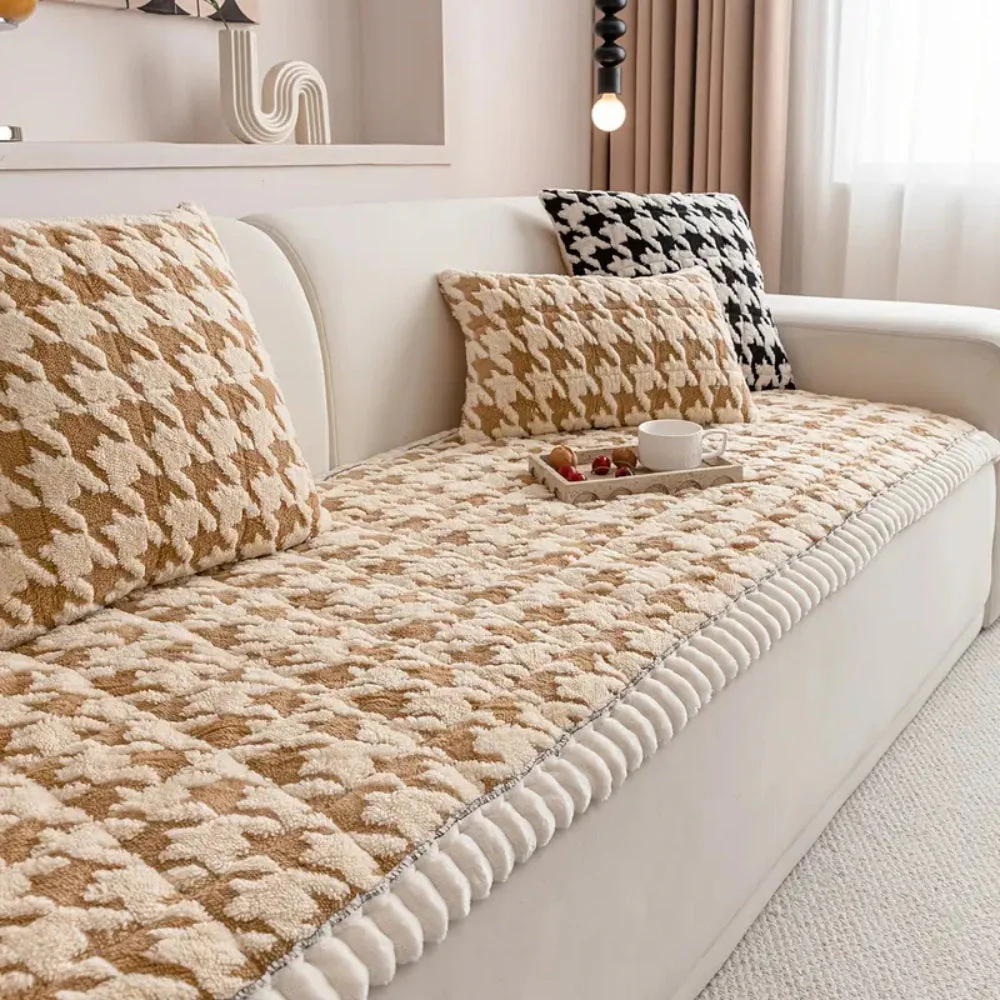 Colourful Plush Houndstooth Sofa Cover and Cushion Cover - Image 4