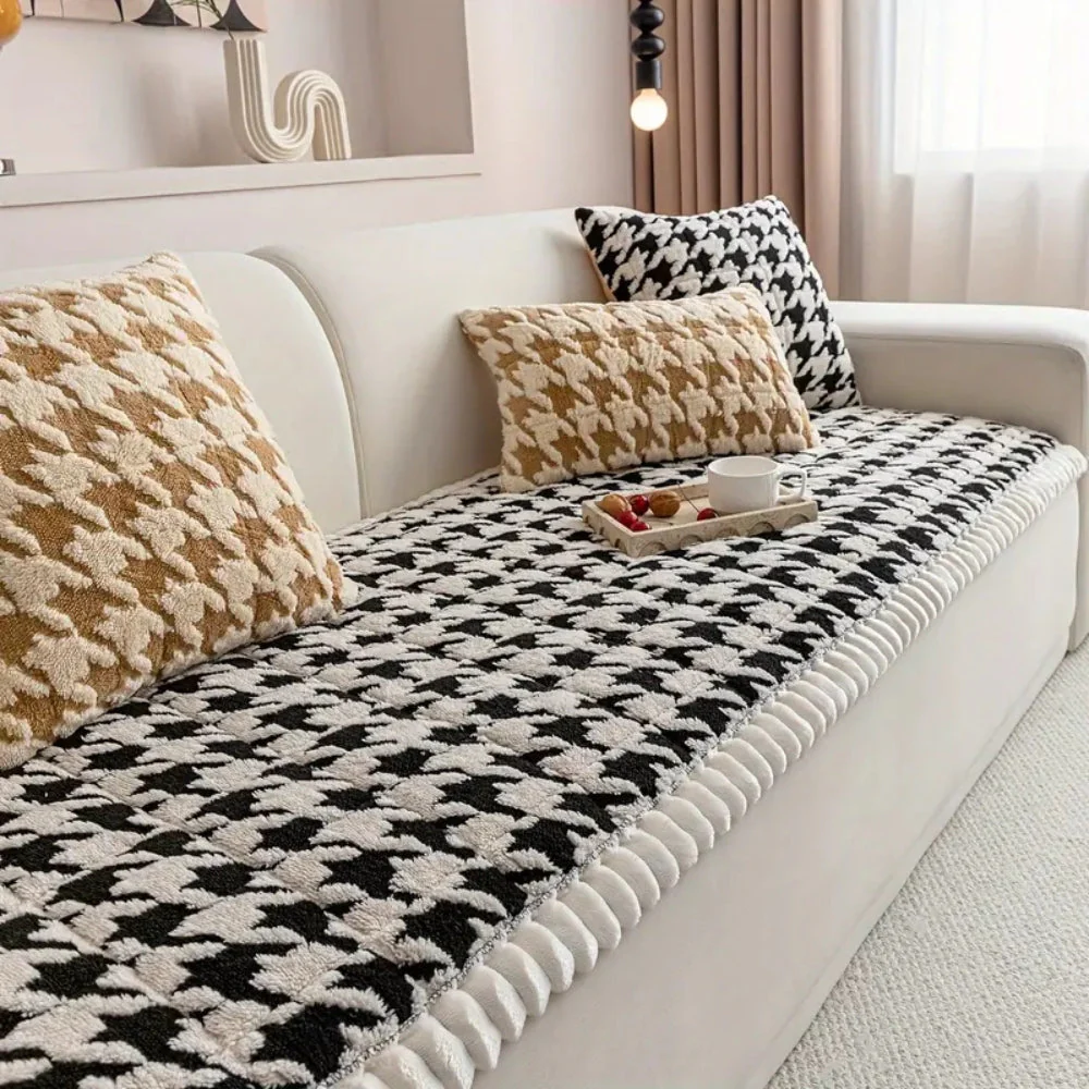 Colourful Plush Houndstooth Sofa Cover and Cushion Cover - Image 6