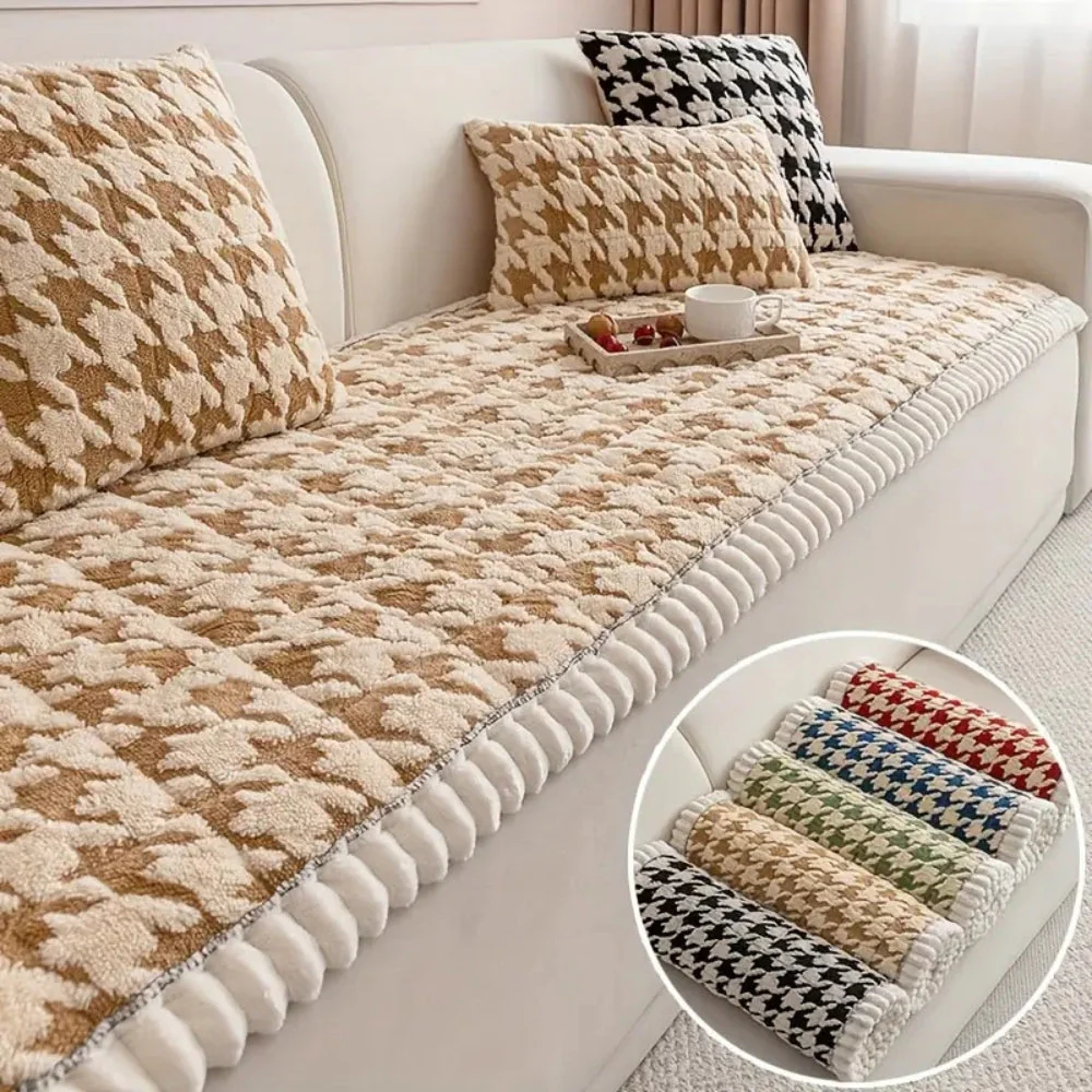 Colourful Plush Houndstooth Sofa Cover and Cushion Cover - Image 7