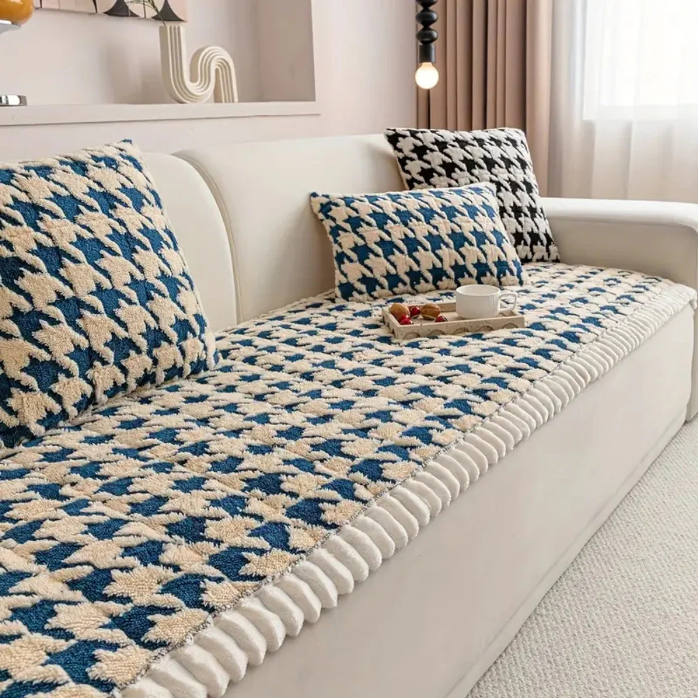 Colourful Plush Houndstooth Sofa Cover and Cushion Cover - Image 8