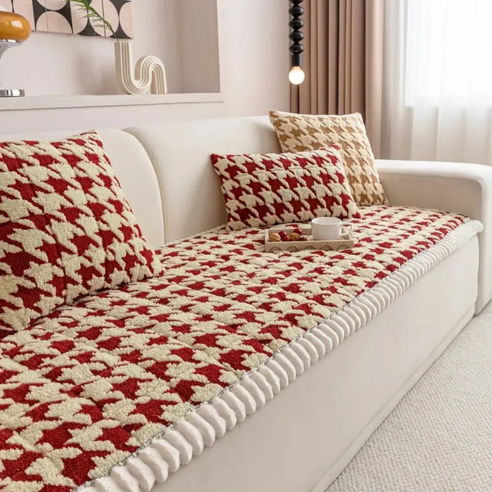 Colourful Plush Houndstooth Sofa Cover and Cushion Cover - Image 9