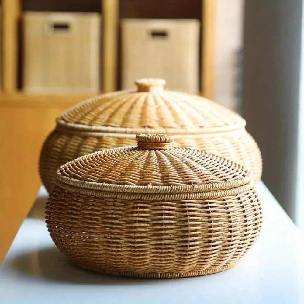 Dome-Shaped Knitted Rattan Basket with Lid - Image 2