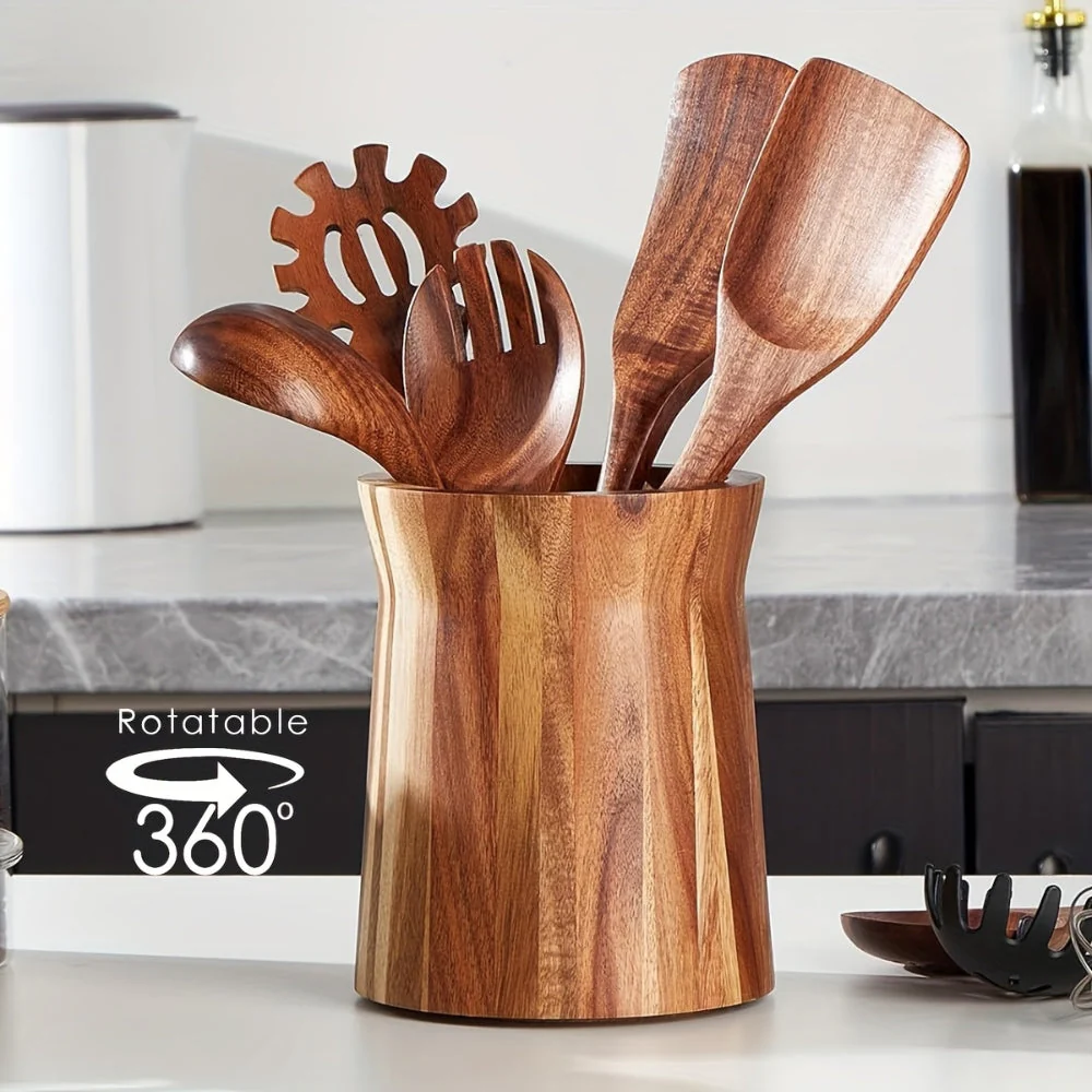 Elegant Acacia Wood Rotating Utensil Holder - Image 3