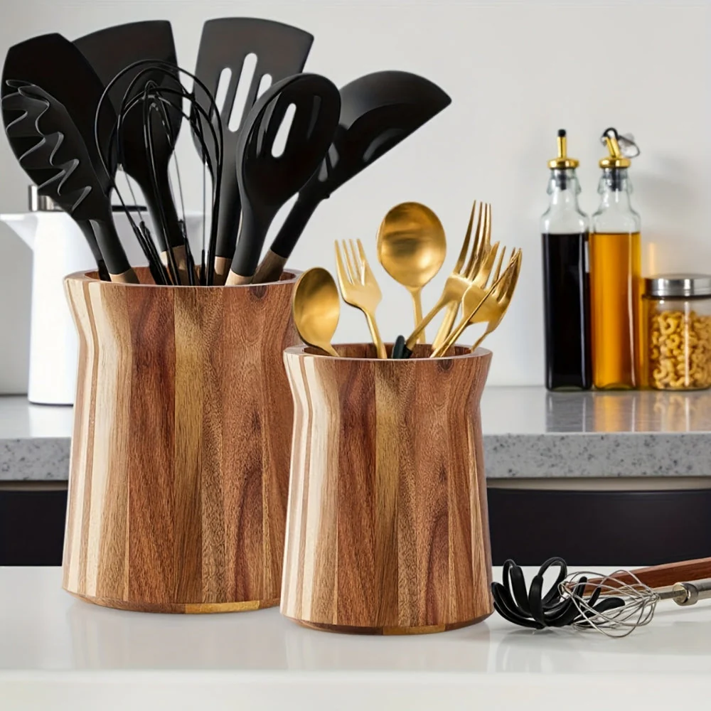 Elegant Acacia Wood Rotating Utensil Holder - Image 4