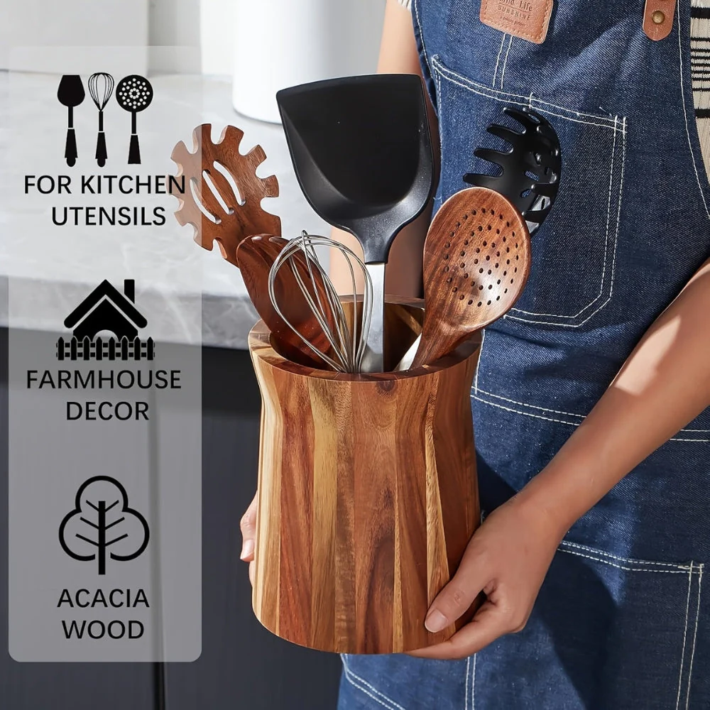 Elegant Acacia Wood Rotating Utensil Holder - Image 6