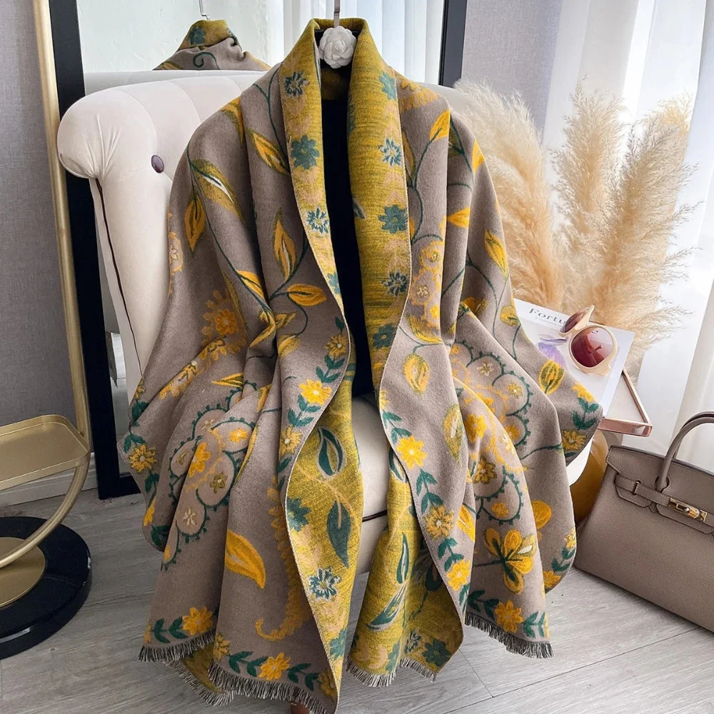 Elegant Double-Sided Floral Winter Shawl Scarf - Image 6