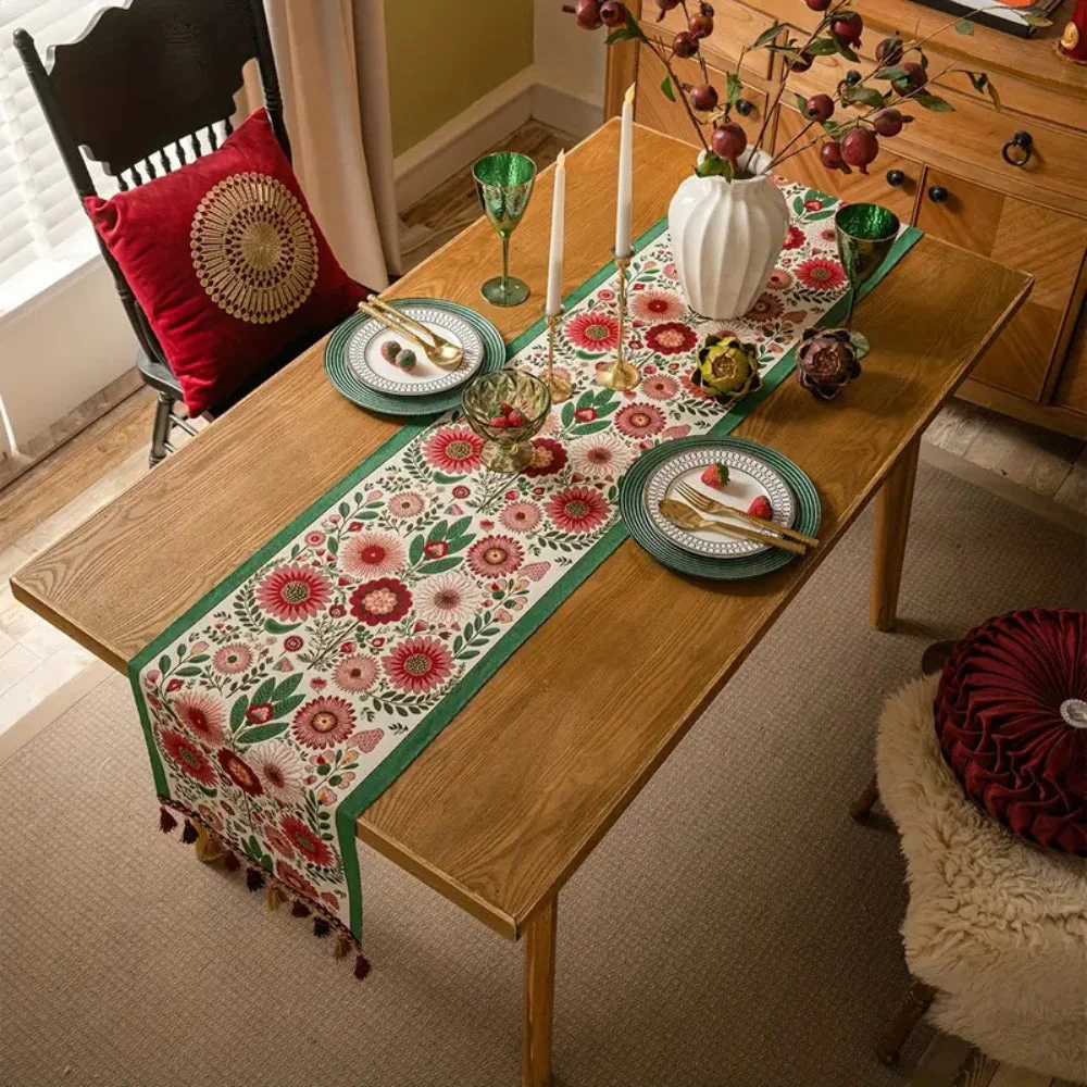 Embroidered Floral Tassel Table Runner - Image 2