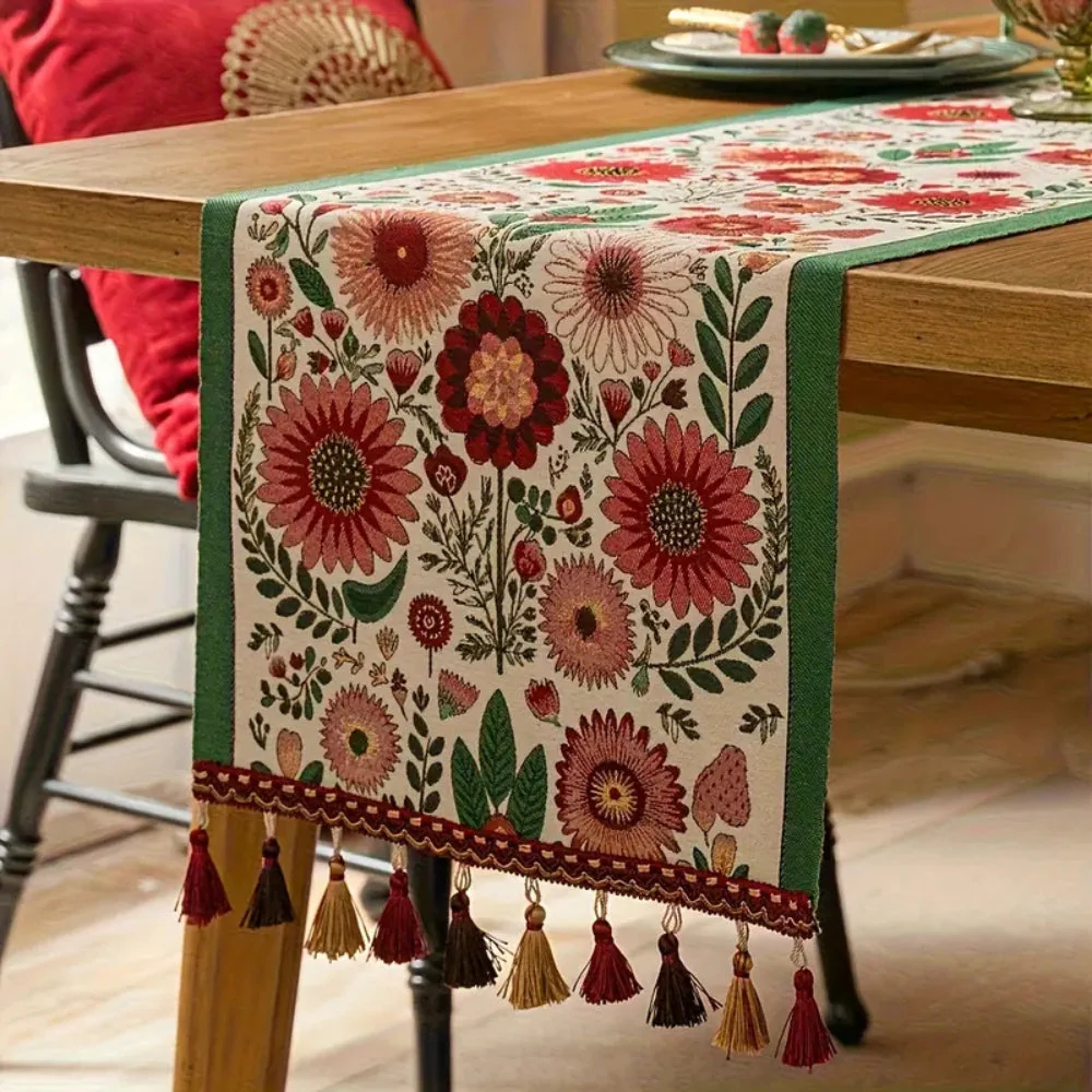 Embroidered Floral Tassel Table Runner - Image 3