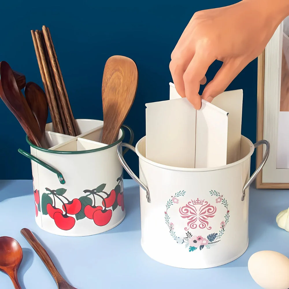 Floral Utensil Storage Basket with Divider Lid - Image 3