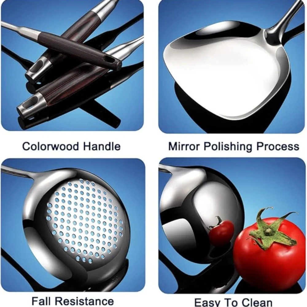 Gleaming Stainless Steel Wooden Utensils | 6Pcs Set - Image 2