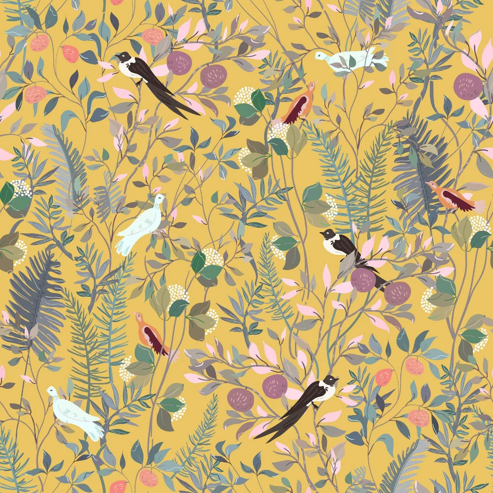 Golden Canopy Bird and Leaf Peelable Wallpaper - Image 11