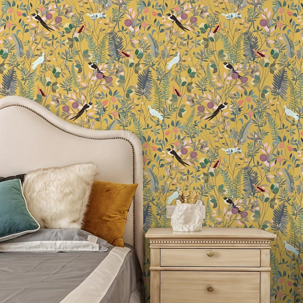 Golden Canopy Bird and Leaf Peelable Wallpaper - Image 5