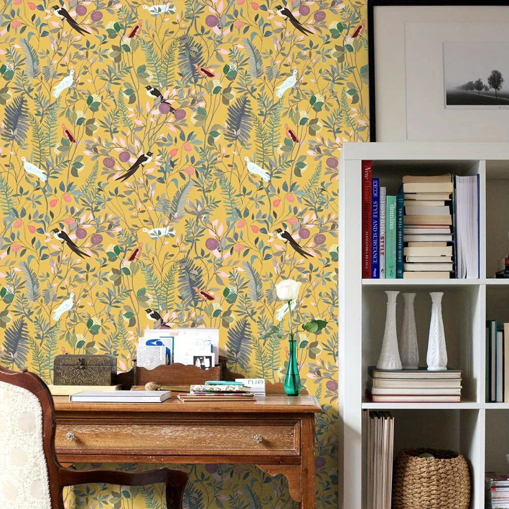 Golden Canopy Bird and Leaf Peelable Wallpaper - Image 6