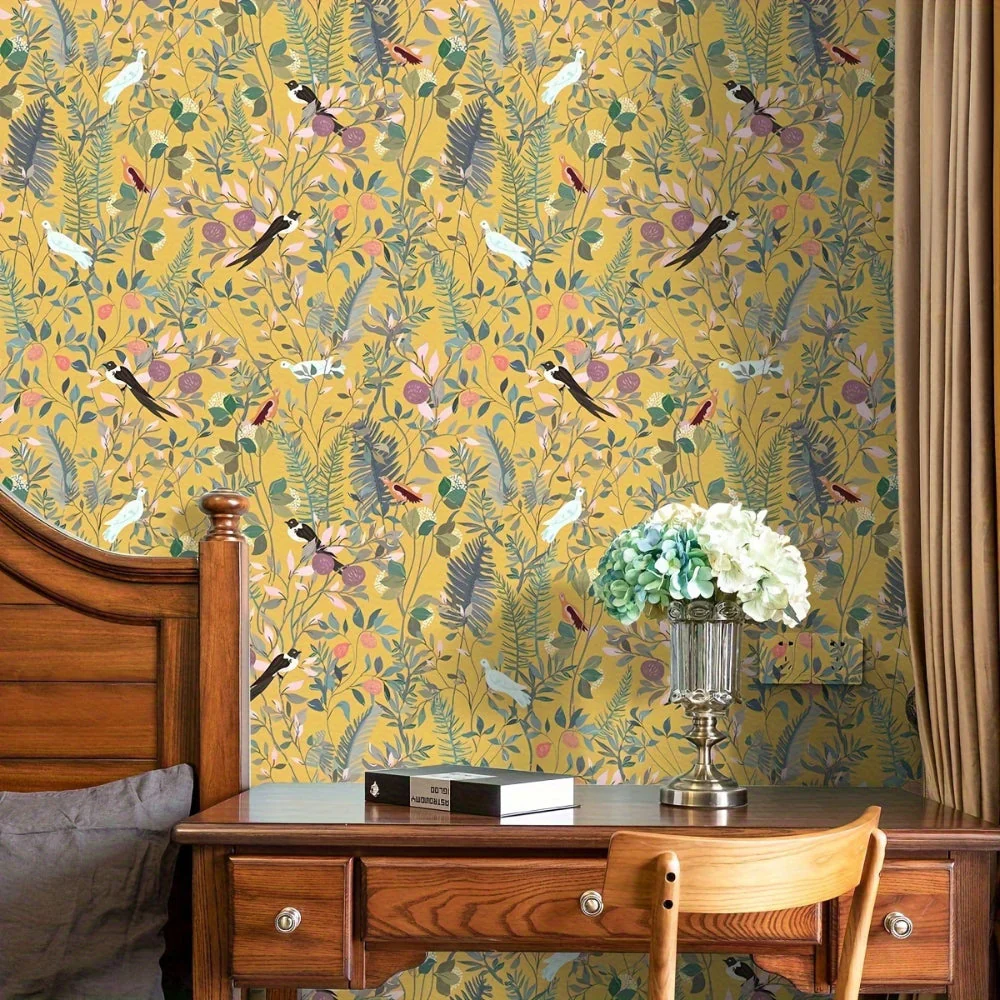 Golden Canopy Bird and Leaf Peelable Wallpaper - Image 7