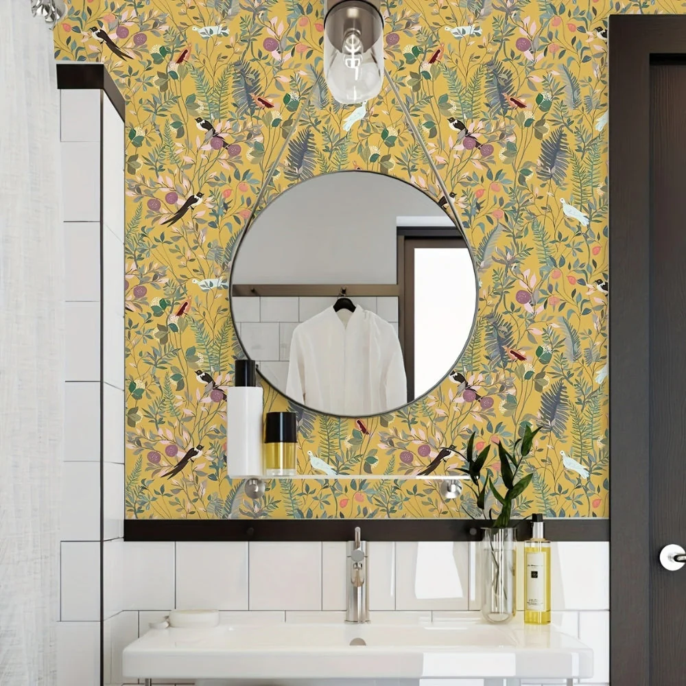 Golden Canopy Bird and Leaf Peelable Wallpaper - Image 8