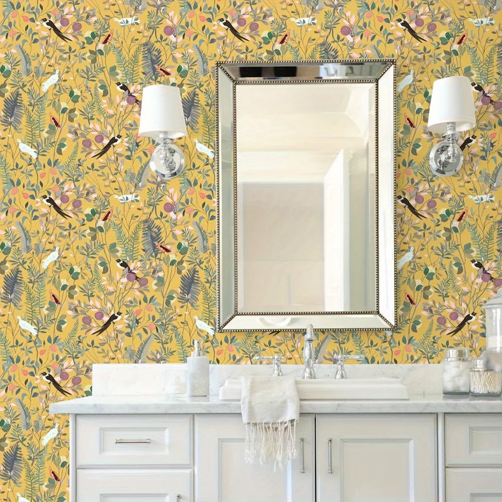 Golden Canopy Bird and Leaf Peelable Wallpaper - Image 9