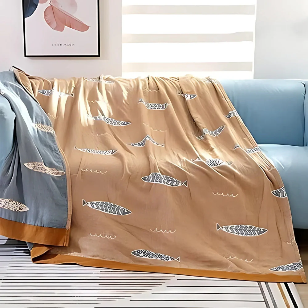 Golden Fish Cotton Gauze Reversible Blanket - Image 4