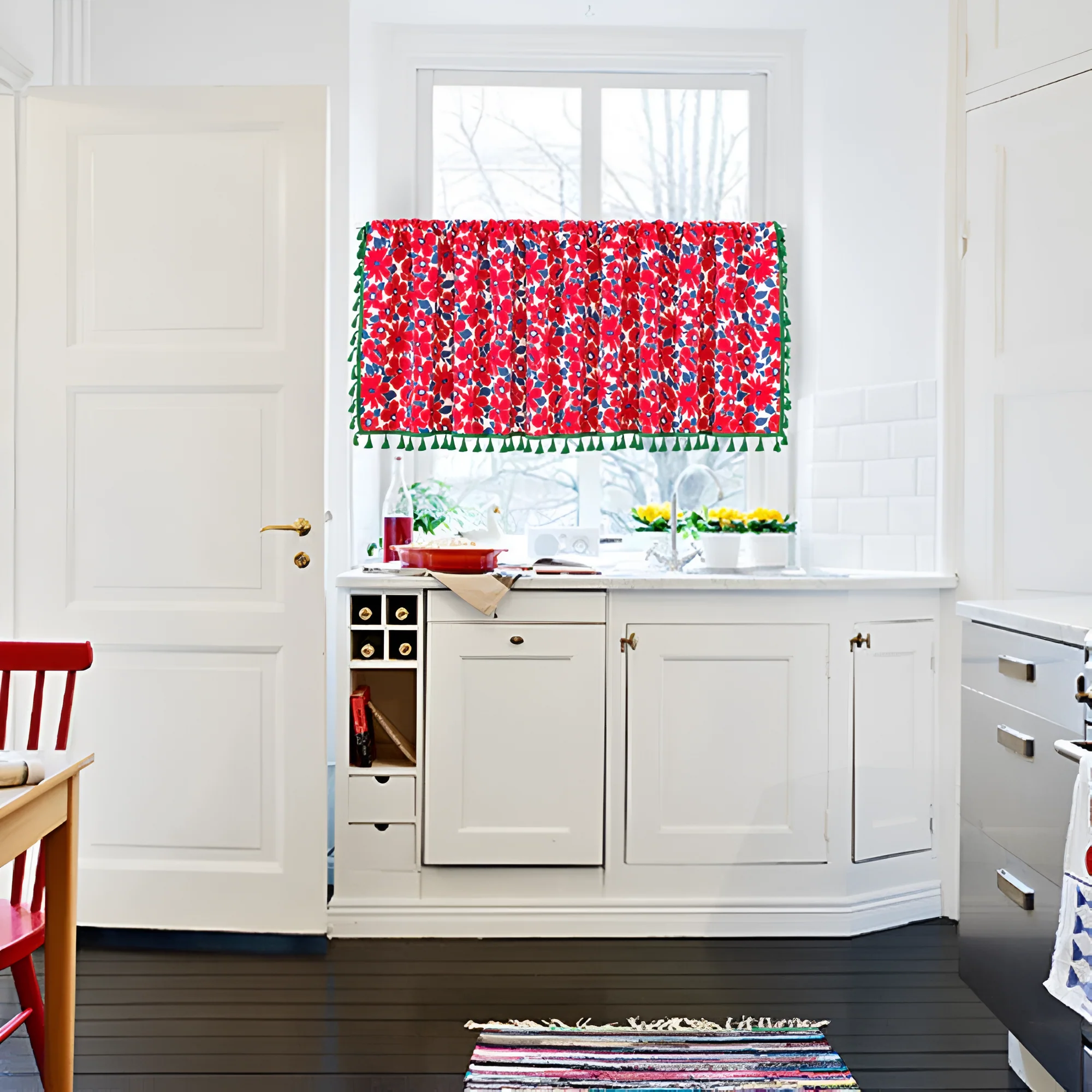 Graceful Red Floral Linen Cabinet Window Curtain - Image 2