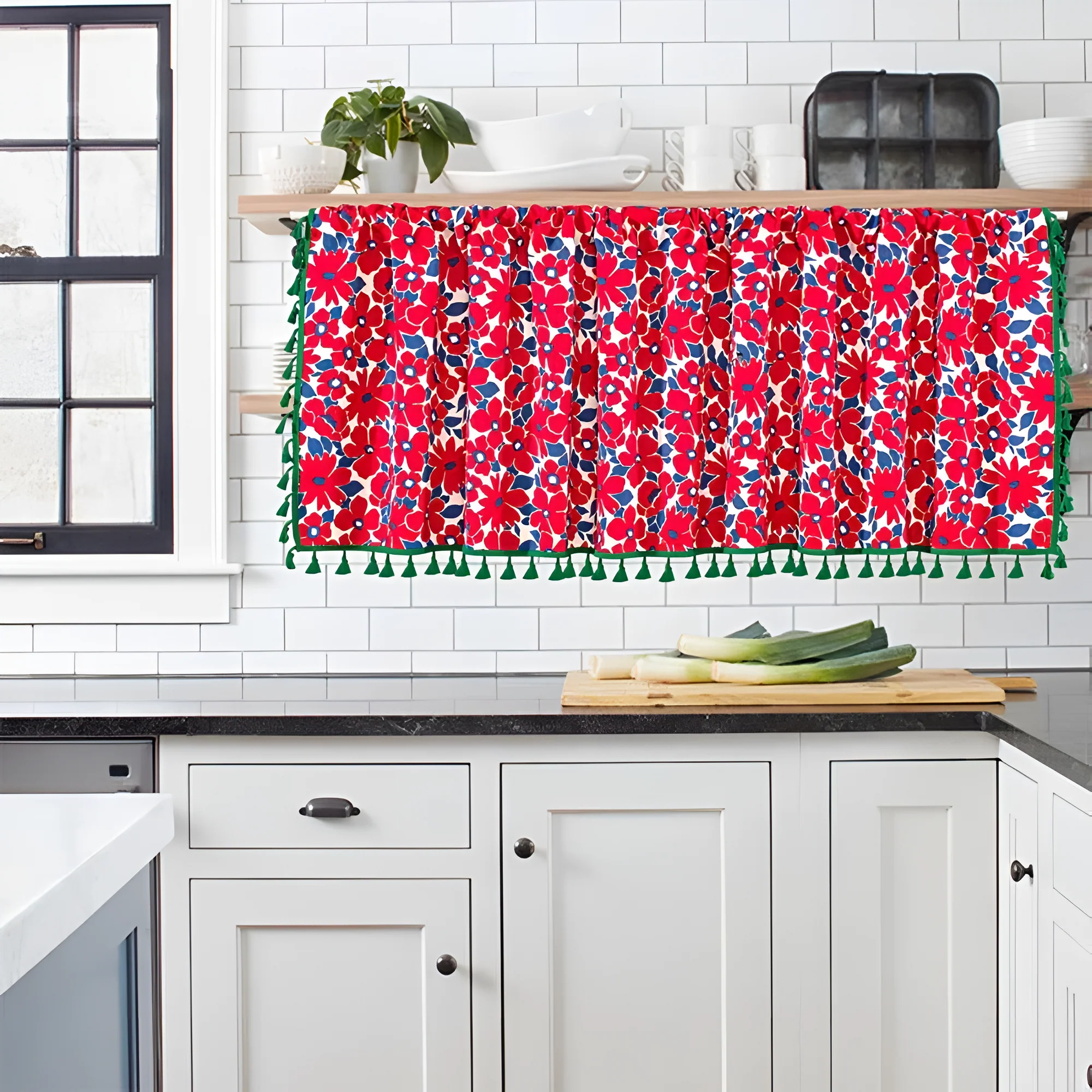 Graceful Red Floral Linen Cabinet Window Curtain - Image 3