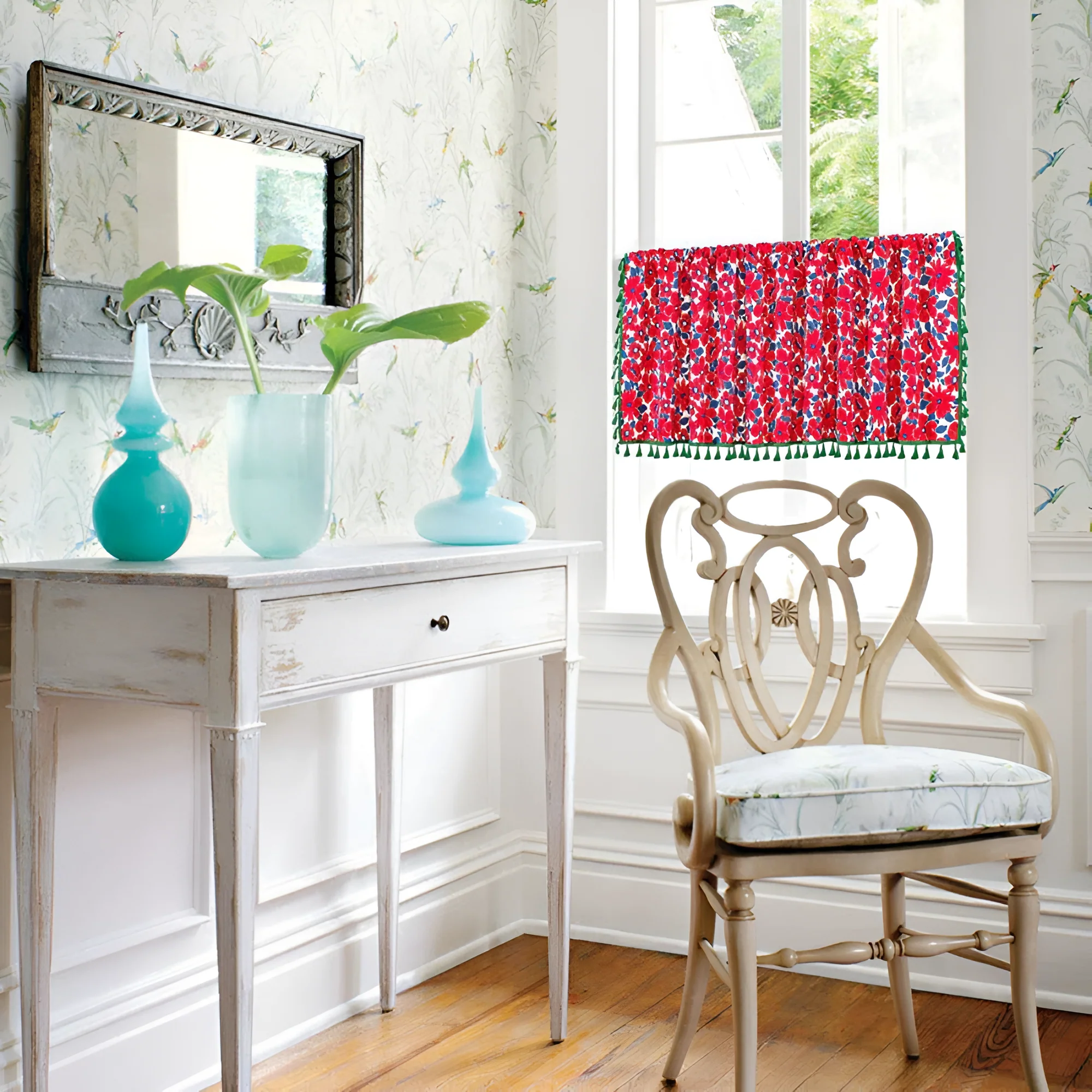 Graceful Red Floral Linen Cabinet Window Curtain - Image 4