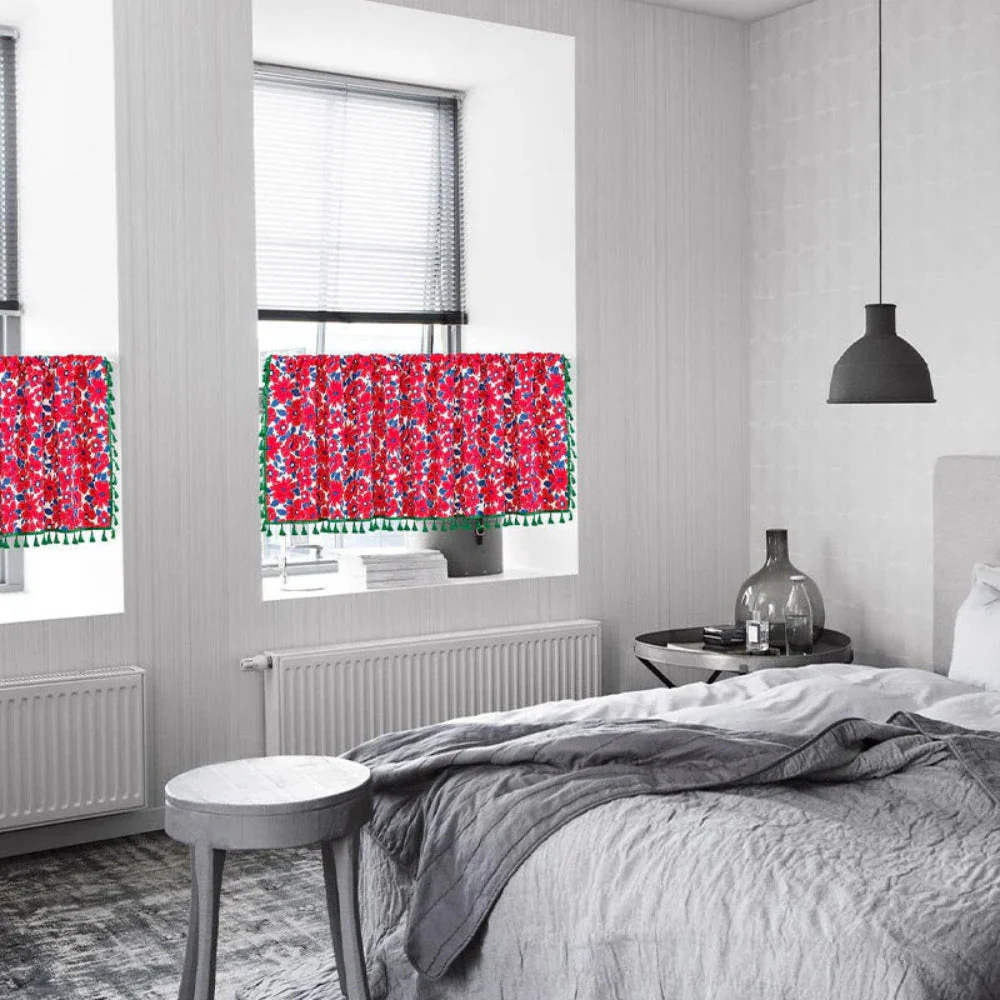 Graceful Red Floral Linen Cabinet Window Curtain - Image 5