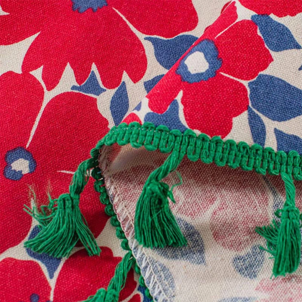 Graceful Red Floral Linen Cabinet Window Curtain - Image 6